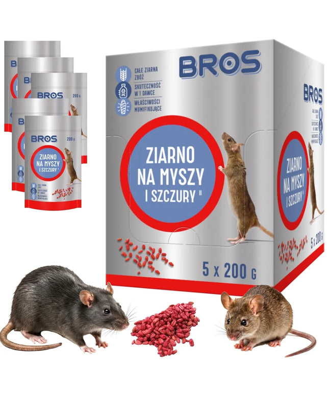 BROS grūdų masalas pelėms ir žiurkėms, 5 × 200 g, namams, garažui ir rūsiui