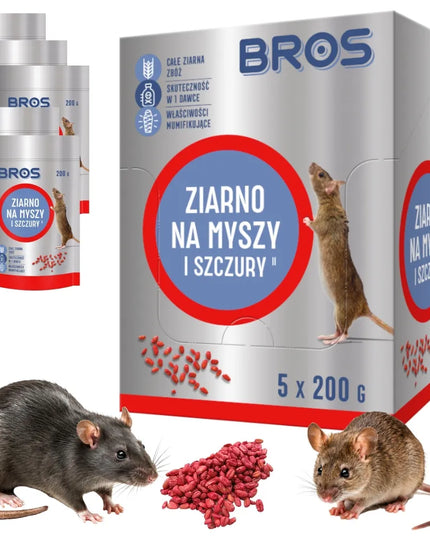 BROS grūdų masalas pelėms ir žiurkėms, 5 × 200 g, namams, garažui ir rūsiui