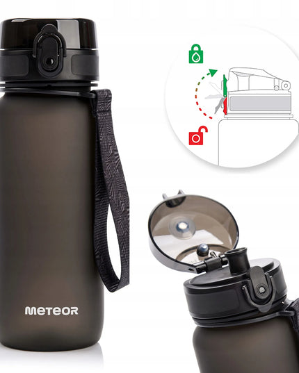 Meteor vandens gertuvė 650 ml iš Tritan su sieteliu, snapeliu ir nešiojimo dirželiu, BPA-free, juoda
