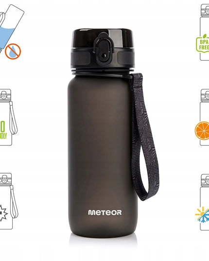Meteor vandens gertuvė 650 ml iš Tritan su sieteliu, snapeliu ir nešiojimo dirželiu, BPA-free, juoda