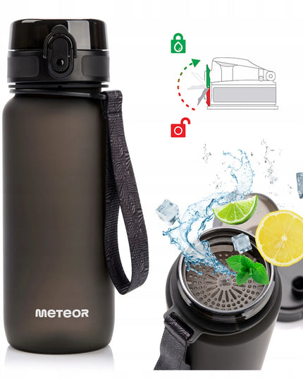Meteor vandens gertuvė 650 ml iš Tritan su sieteliu, snapeliu ir nešiojimo dirželiu, BPA-free, juoda