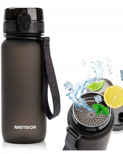 Meteor vandens gertuvė 650 ml iš Tritan su sieteliu, snapeliu ir nešiojimo dirželiu, BPA-free, juoda