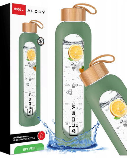 „Alogy“ motyvacinė stiklinė gertuvė vandeniui, 1000 ml, su silikoniniu dėklu