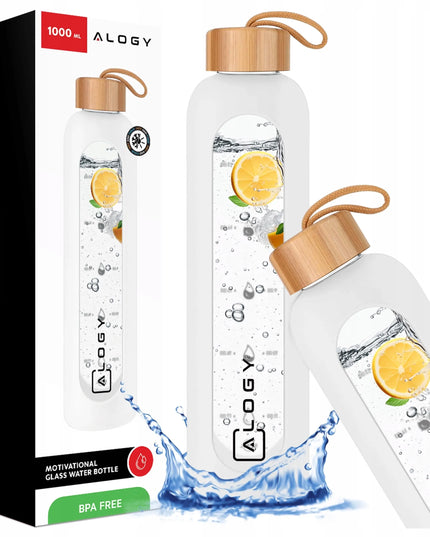 „Alogy“ motyvacinė stiklinė gertuvė vandeniui su silikoniniu dėklu, 1000 ml