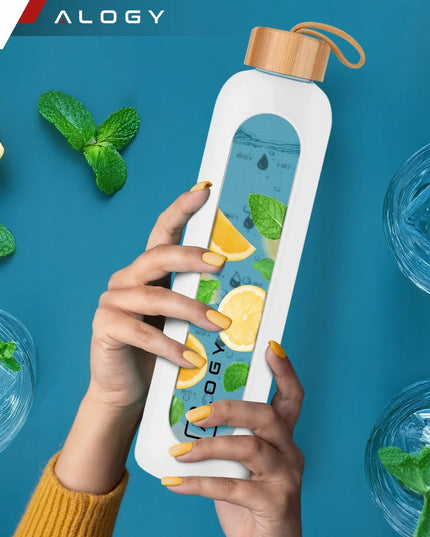 „Alogy“ motyvacinė stiklinė gertuvė vandeniui su silikoniniu dėklu, 1000 ml