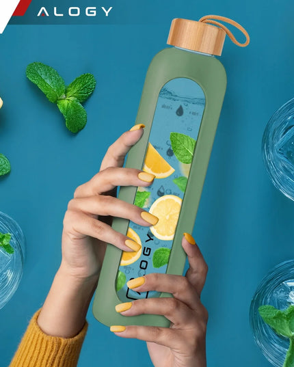 „Alogy“ motyvacinė stiklinė gertuvė vandeniui, 1000 ml, su silikoniniu dėklu