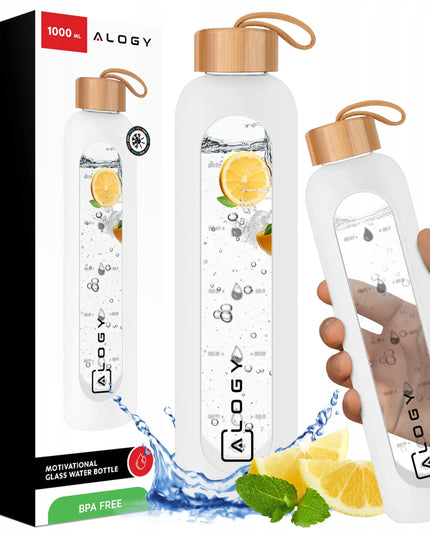 „Alogy“ motyvacinė stiklinė gertuvė vandeniui su silikoniniu dėklu, 1000 ml
