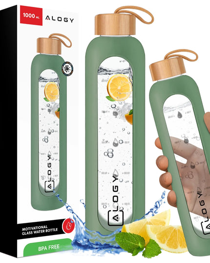„Alogy“ motyvacinė stiklinė gertuvė vandeniui, 1000 ml, su silikoniniu dėklu