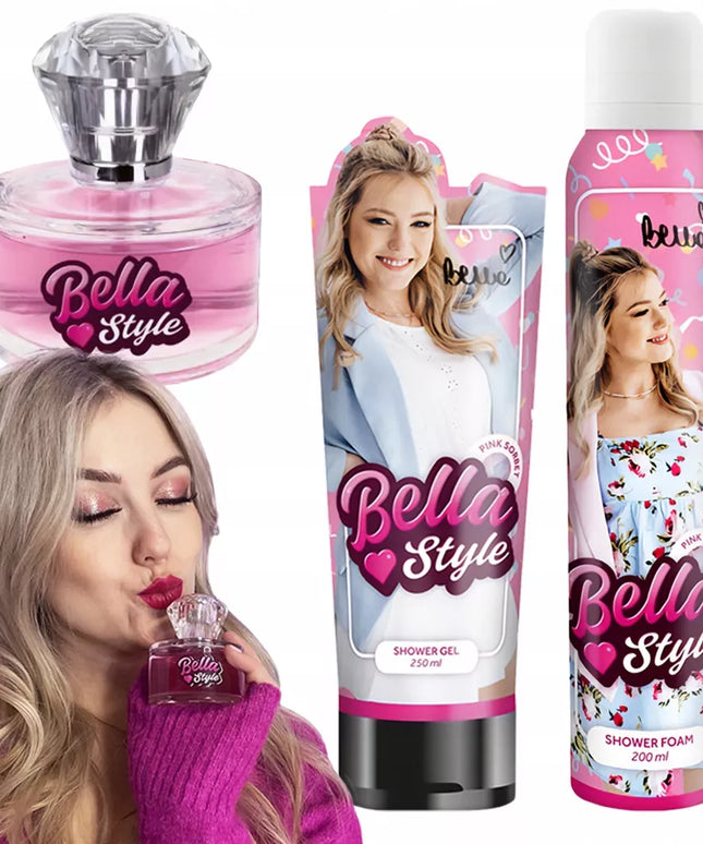 Bella Style Pink dovanų rinkinys, 3 kosmetikos priemonės: prausimosi putos, dušo želė ir kvepalai