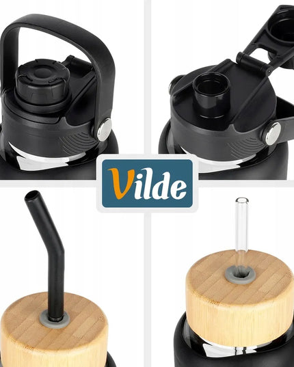 Vilde 1 l stiklinis vandens butelis su matavimo žymomis, silikonine apsauga ir šiaudeliais