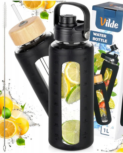 Vilde 1 l stiklinis vandens butelis su matavimo žymomis, silikonine apsauga ir šiaudeliais