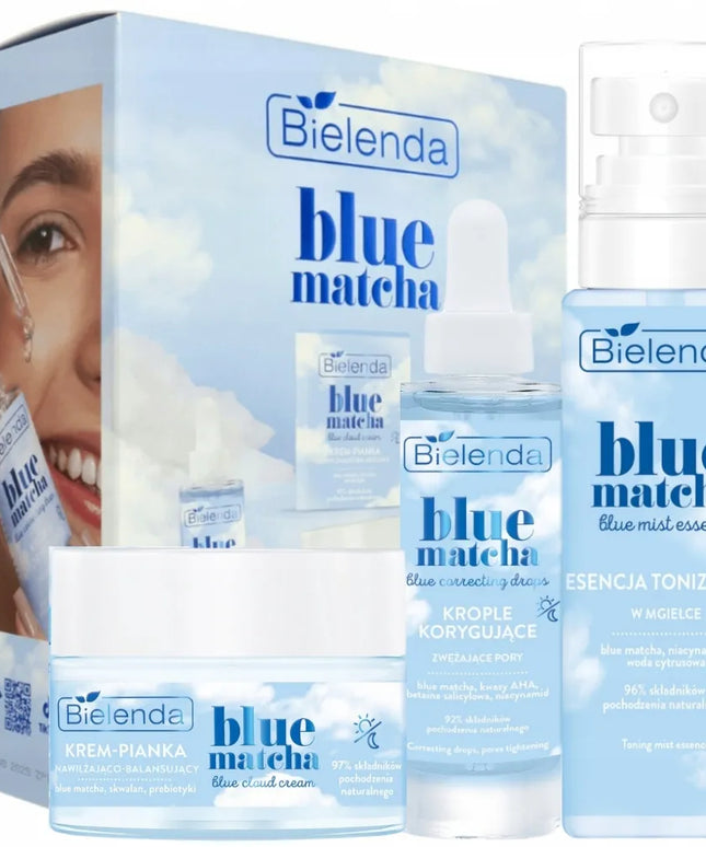 Bielenda Blue Matcha dovanų rinkinys: veido putos-kremas, tonikas ir koreguojantys lašai