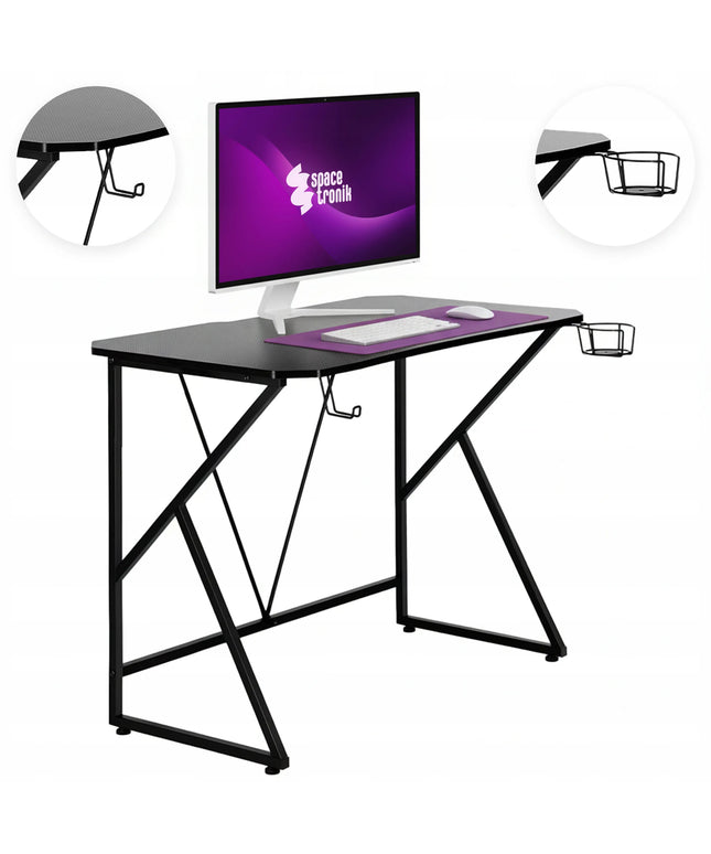 Loft stiliaus kompiuterio stalas 100x60 cm su laikikliais puodeliui ir ausinėms, juodas