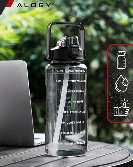 Motyvuojantis 2L geriamojo vandens butelis su šiaudeliu ir priminimu