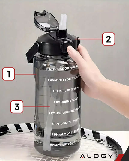 Motyvuojantis 2L geriamojo vandens butelis su šiaudeliu ir priminimu