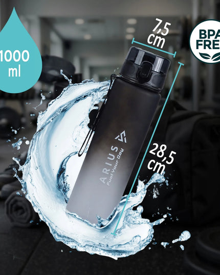 Arius sportinė gertuvė, 1 l, su motyvacine valandų skale, juoda ir balta