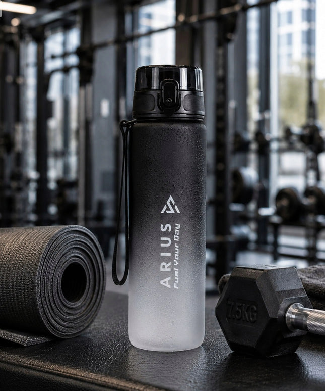 Arius sportinė gertuvė, 1 l, su motyvacine valandų skale, juoda ir balta