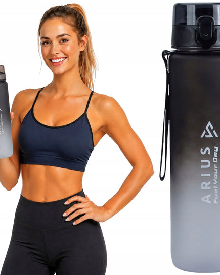 Arius sportinė gertuvė, 1 l, su motyvacine valandų skale, juoda ir balta