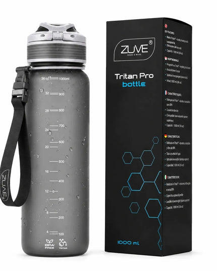 ZUVE Tritan ProBottle sportinis vandens butelis, 1000 ml, be BPA, pilkas
