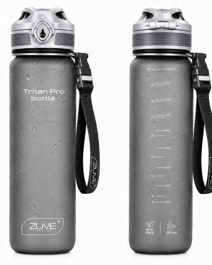 ZUVE Tritan ProBottle sportinis vandens butelis, 1000 ml, be BPA, pilkas