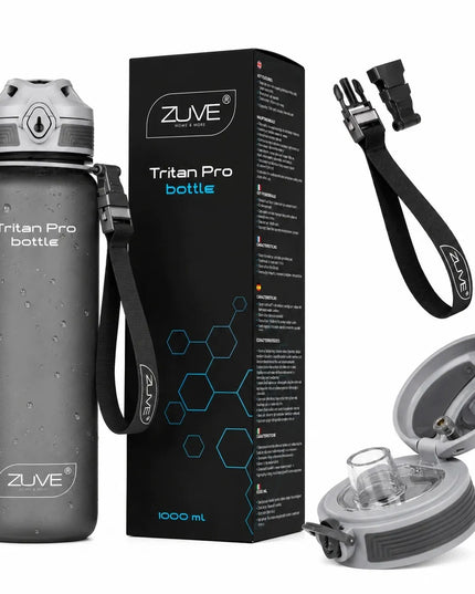 ZUVE Tritan ProBottle sportinis vandens butelis, 1000 ml, be BPA, pilkas