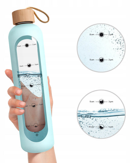AquaFloow MotivateGlass 1 l motyvacinis stiklinis vandens butelis su matavimo žymomis