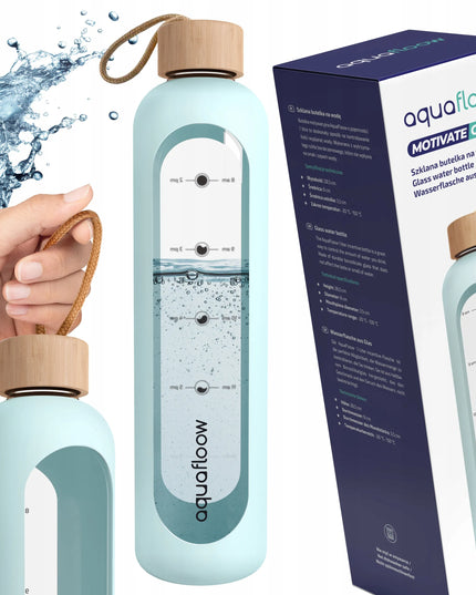 AquaFloow MotivateGlass 1 l motyvacinis stiklinis vandens butelis su matavimo žymomis