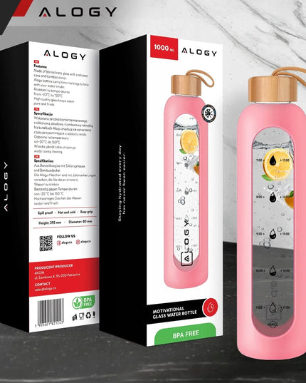 Alogy motyvacinė stiklinė gertuvė vandeniui ir gėrimams, 1 000 ml, su dėklu