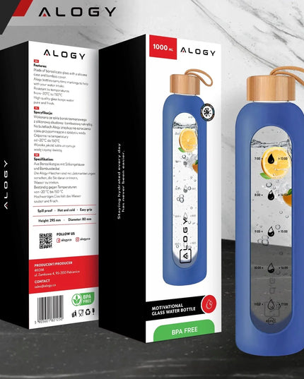 Alogy Motivational Glass Water Bottle 1L motyvacinis stiklinis vandens butelis, 1000 ml, mėlynas, su dėklu