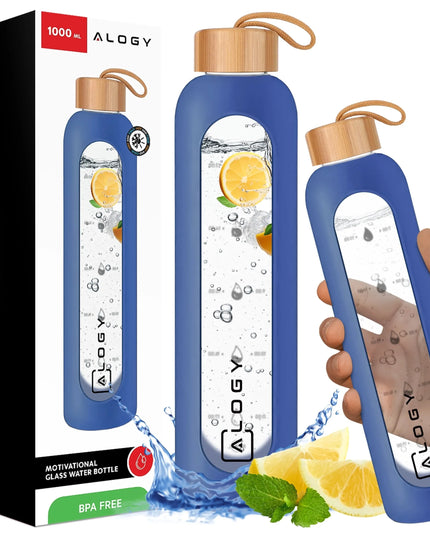 Alogy Motivational Glass Water Bottle 1L motyvacinis stiklinis vandens butelis, 1000 ml, mėlynas, su dėklu