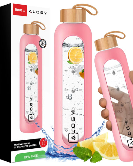 Alogy motyvacinė stiklinė gertuvė vandeniui ir gėrimams, 1 000 ml, su dėklu