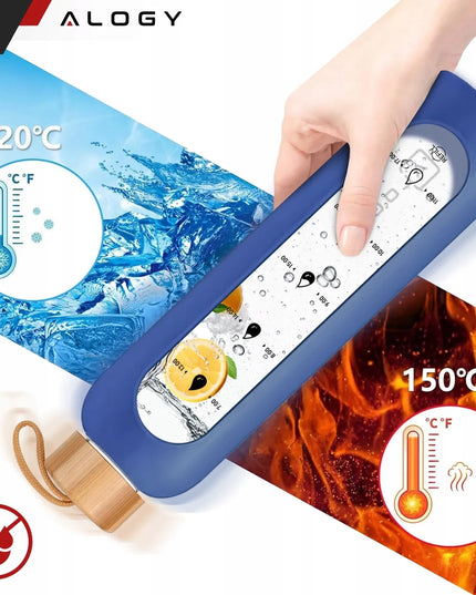 Alogy Motivational Glass Water Bottle 1L motyvacinis stiklinis vandens butelis, 1000 ml, mėlynas, su dėklu