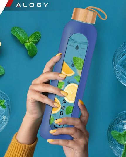 Alogy Motivational Glass Water Bottle 1L motyvacinis stiklinis vandens butelis, 1000 ml, mėlynas, su dėklu