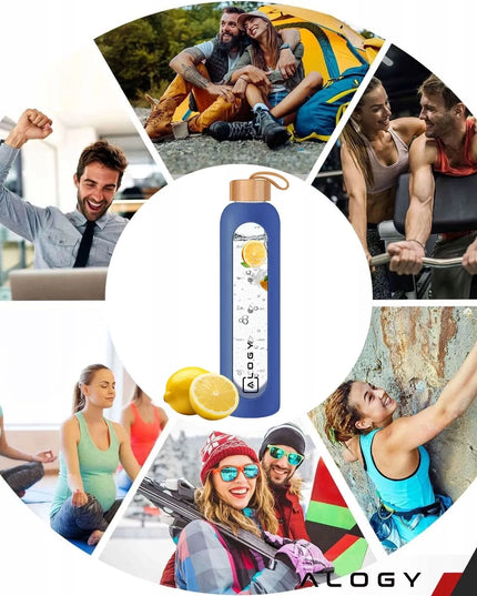 Alogy Motivational Glass Water Bottle 1L motyvacinis stiklinis vandens butelis, 1000 ml, mėlynas, su dėklu