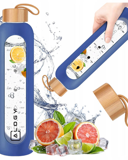 Alogy Motivational Glass Water Bottle 1L motyvacinis stiklinis vandens butelis, 1000 ml, mėlynas, su dėklu