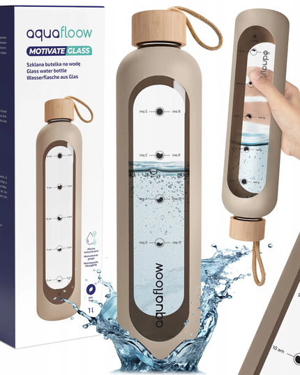 Stiklinis motyvacinis vandens butelis su laiko žymomis „AquaFloow“ 1 l