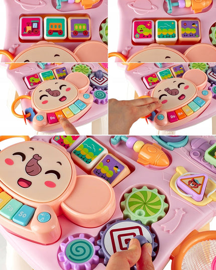 Vaikiškas vežimėlis-stūmiklis 5in1, krepšinio lenta, interaktyvus edukacinis stalas vaikui