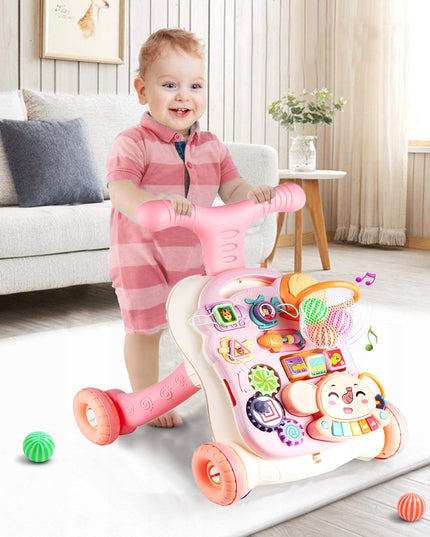 Vaikiškas vežimėlis-stūmiklis 5in1, krepšinio lenta, interaktyvus edukacinis stalas vaikui