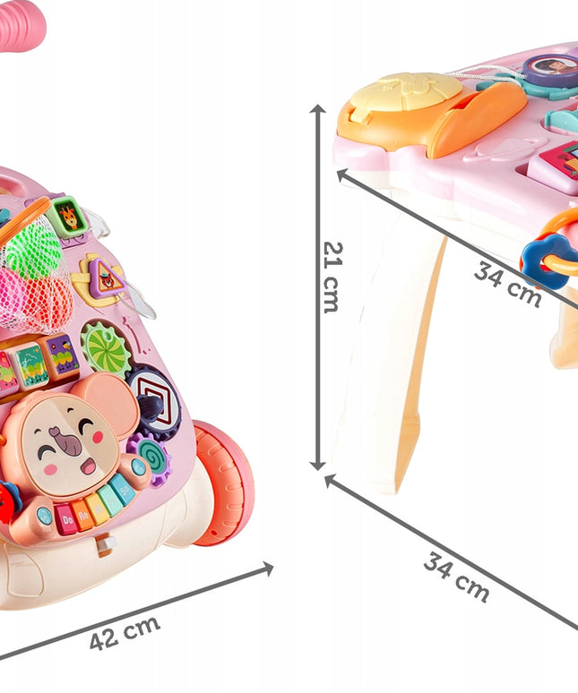 Vaikiškas vežimėlis-stūmiklis 5in1, krepšinio lenta, interaktyvus edukacinis stalas vaikui