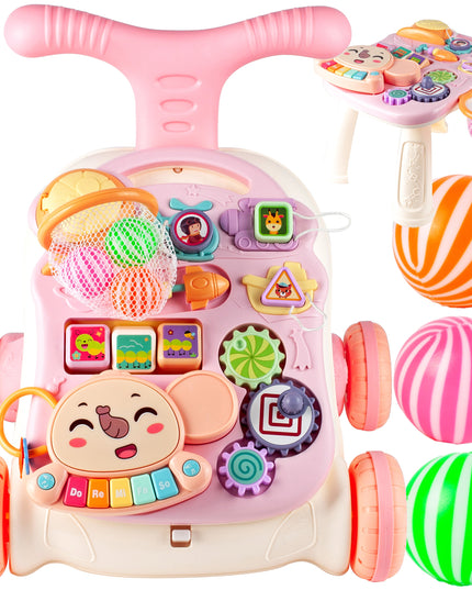 Vaikiškas vežimėlis-stūmiklis 5in1, krepšinio lenta, interaktyvus edukacinis stalas vaikui