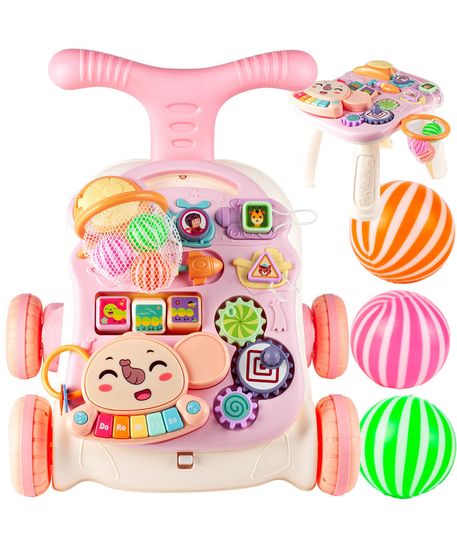 Vaikiškas vežimėlis-stūmiklis 5in1, krepšinio lenta, interaktyvus edukacinis stalas vaikui