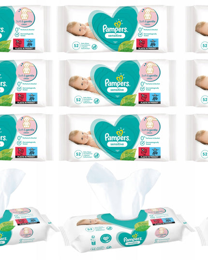Hipoalerginės drėgnos servetėlės vaikams PAMPERS SENSITIVE 52 vnt. - 12 pakuočių