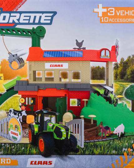 „Claas“ didelė kaimo ferma „Majorette“ – traktorius, priekaba, gyvūnų figūrėlės, tvartas ir kranas