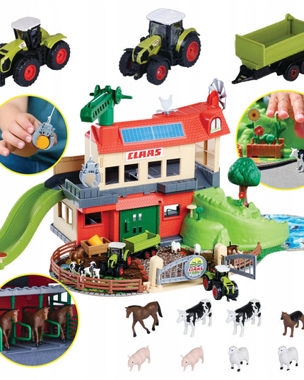 „Claas“ didelė kaimo ferma „Majorette“ – traktorius, priekaba, gyvūnų figūrėlės, tvartas ir kranas
