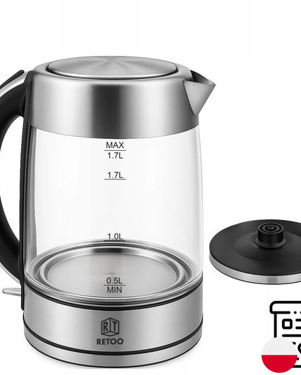 RETOO elektrinis stiklinis belaidis virdulys, 1,7 l, LED apšvietimas, 2200 W, plieninis