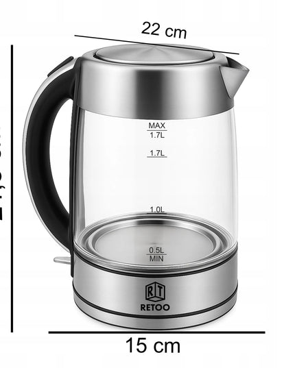 RETOO elektrinis stiklinis belaidis virdulys, 1,7 l, LED apšvietimas, 2200 W, plieninis