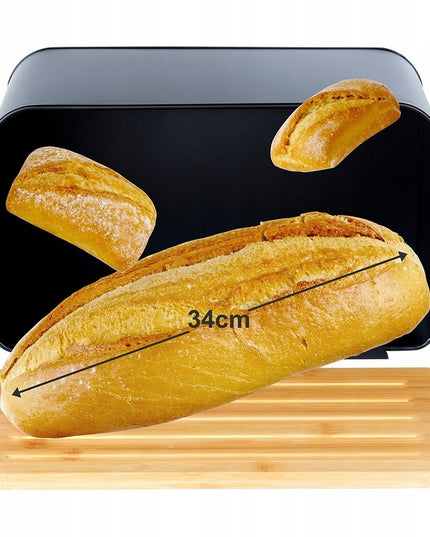 Juoda metalinė medinė duoninė, uždaromas indas duonai ir bandelėms