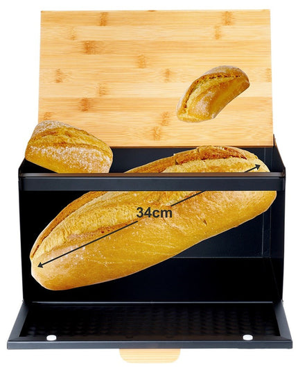 Juoda metalinė medinė duoninė, uždaromas indas duonai ir bandelėms