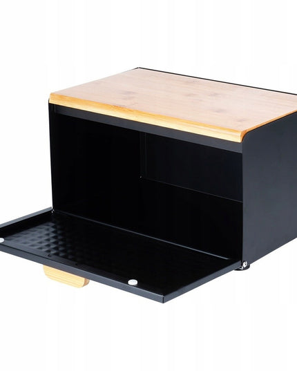 Juoda metalinė medinė duoninė, uždaromas indas duonai ir bandelėms