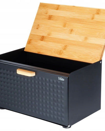 Juoda metalinė medinė duoninė, uždaromas indas duonai ir bandelėms